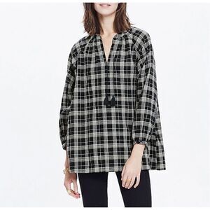 Madewell Camelia Tassel Top in Dorian Plaid Cotton Linen Blend Black Tassels xs